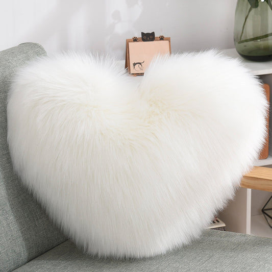 Fluffy Heart Plush Pillow Cover—White Shaggy Decor